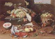 Jan Van Kessel the Younger Still life of a watermelon,pears,grapes and melons,plums,apricots and pears in a basket,with a dog surprising a monkey and fraises-de-bois spilling ou